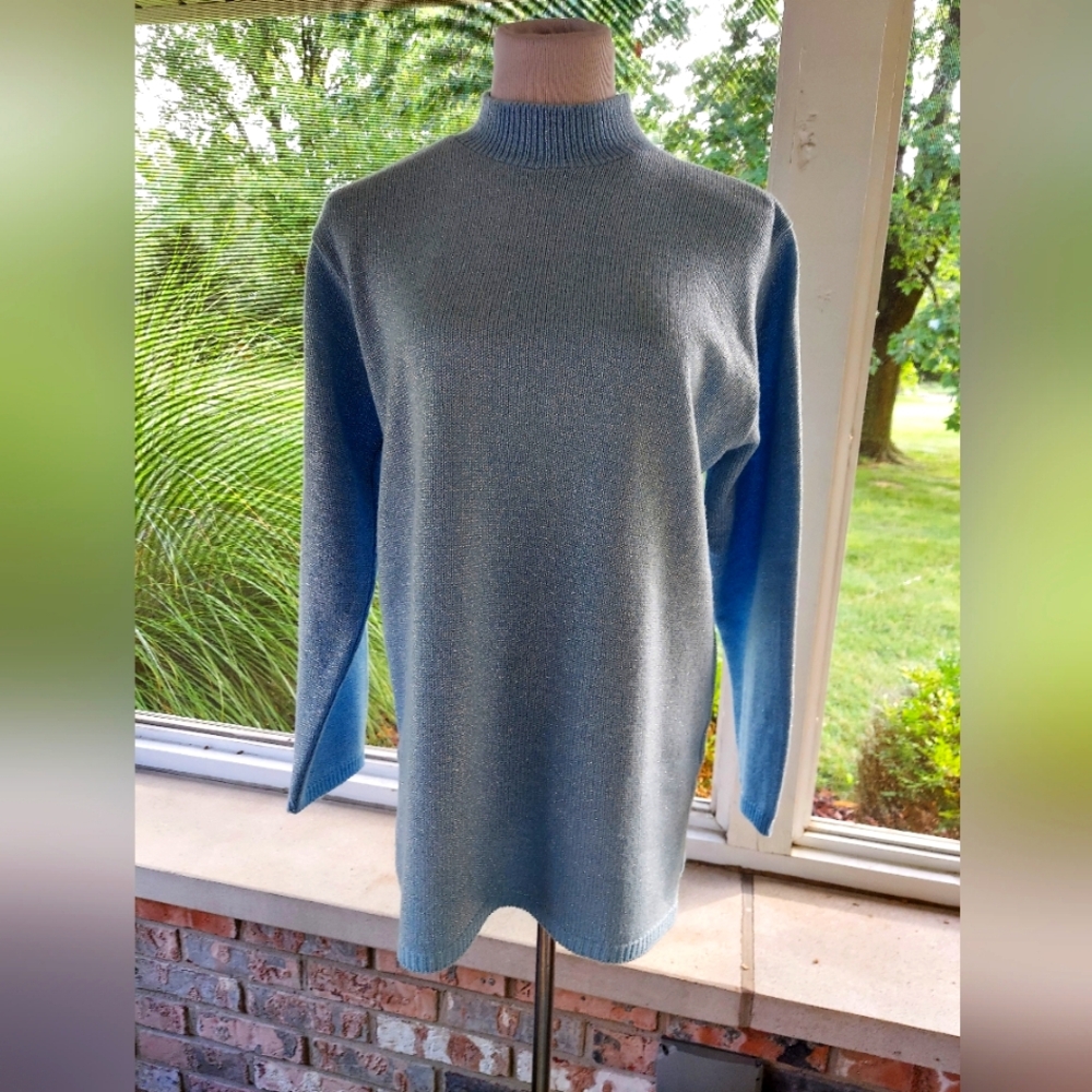Vintage Willow Ridge Baby Blue Metallic Tunic Turtleneck Sweater L/XL